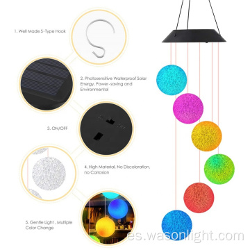 Fábrica Venta caliente Color Cambio de decoración al aire libre Bola de cristal con energía solar Campana de viento de viento LED Light Solar Wind Bell